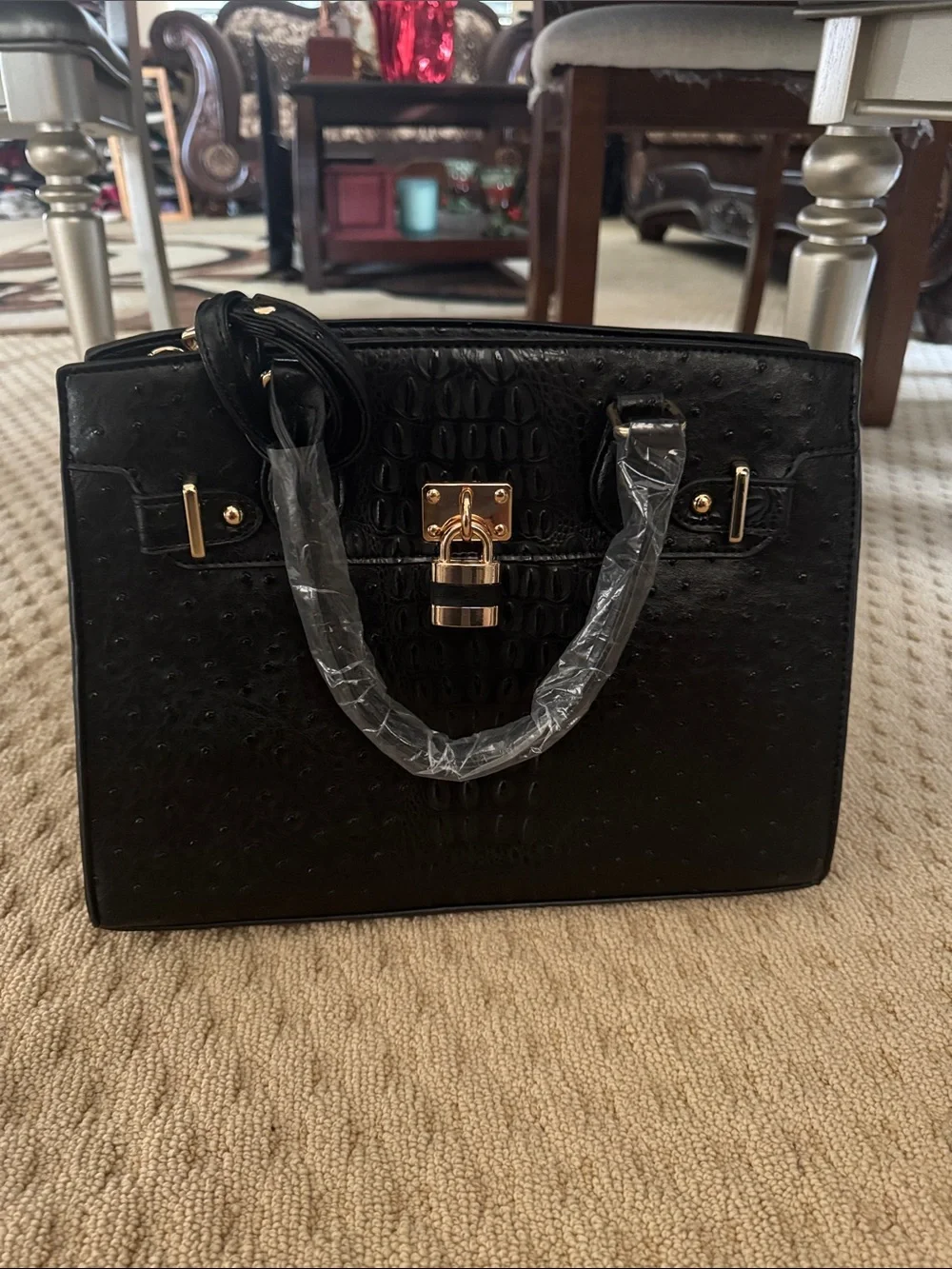 Structured Black Faux-Ostrich Satchel with Gold Lock